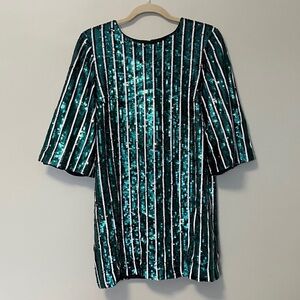 Badgley Mischka Green Full Sequin Striped Dress